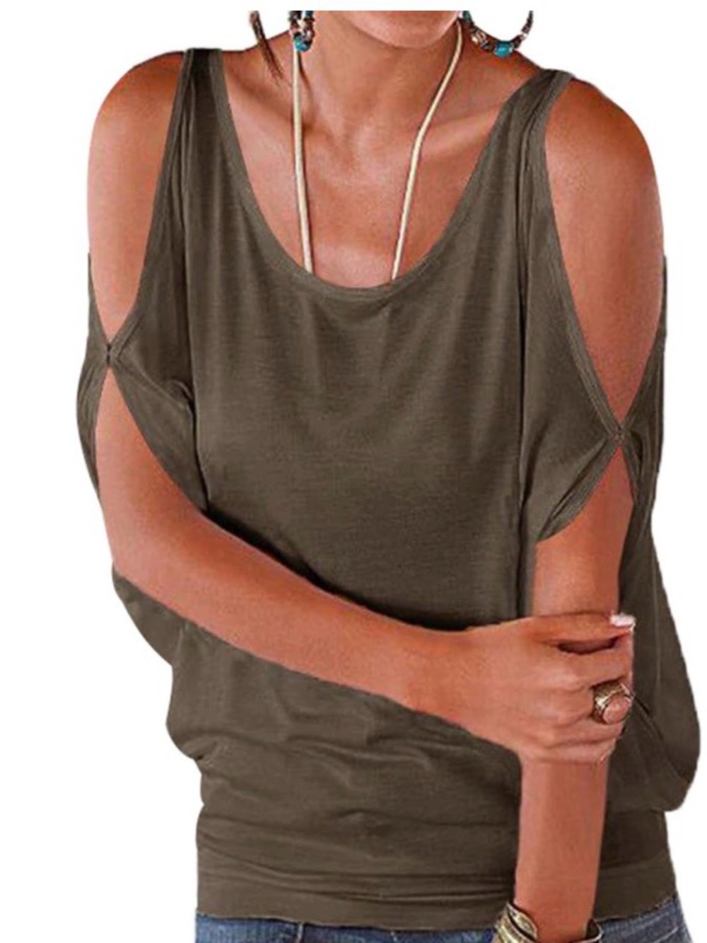 YOINS Brown Cold-Shoulder Women's Tee NWOT Size Large